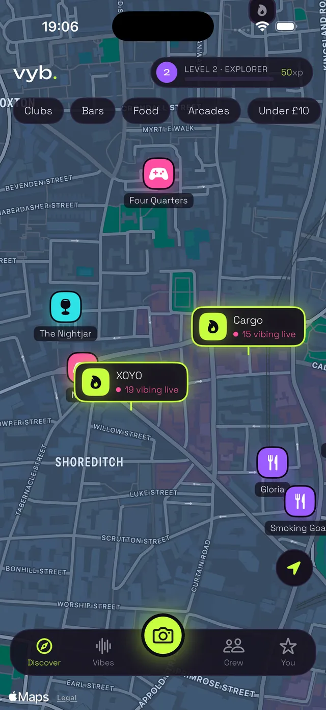 Vyb’s discovery map with venue pins in Shoreditch, shown in demo mode
